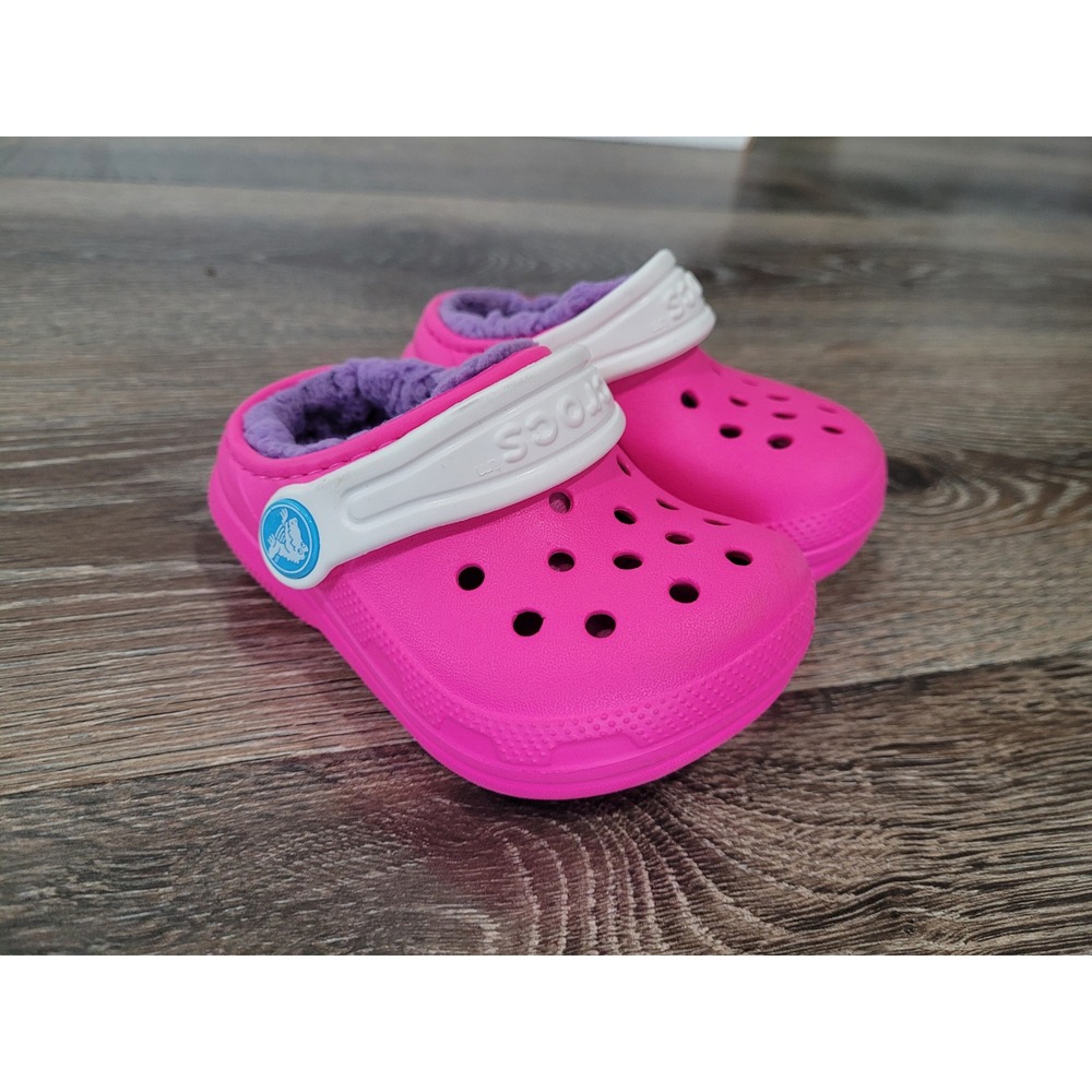 Crocs Toddler Clog Pink Purple Lined Shoes Size 4 Kids Comfy‎ Fuzzy #2